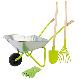 Silver Metal Wheelbarrow With Tools and Gloves